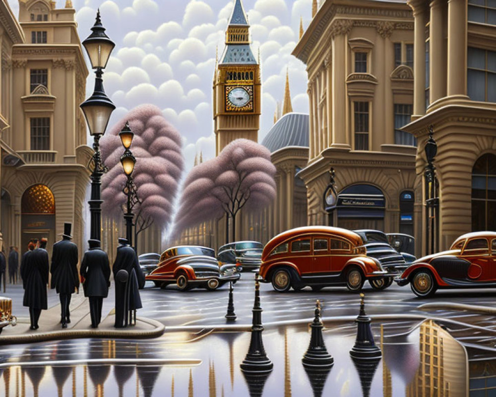 Vintage cars and Big Ben in a stylized city street illustration