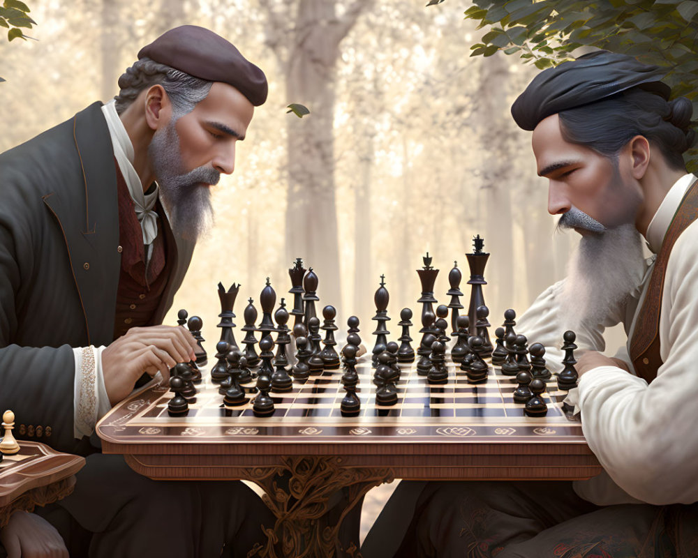 Men with beards in vintage attire play chess in serene forest