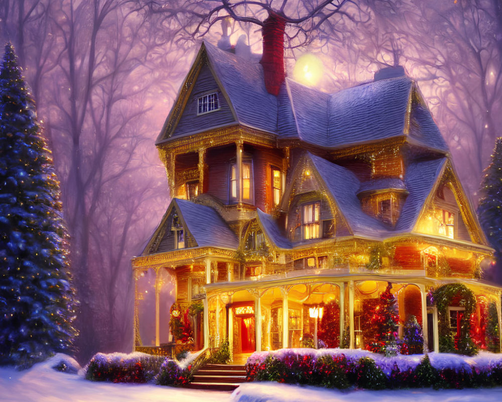 Victorian house with festive lights in snowy twilight landscape