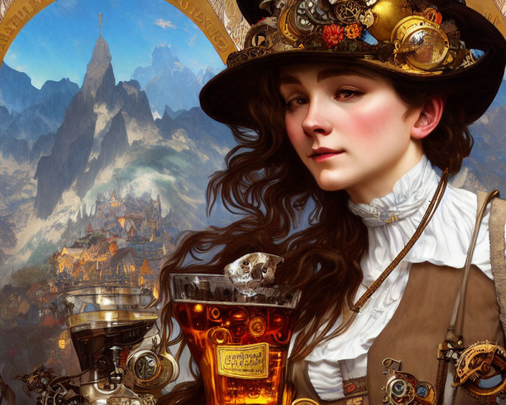 Steampunk-themed woman with top hat and monocle in mountainous vintage town landscape