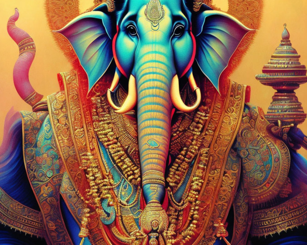 Colorful depiction of Ganesha with intricate jewelry and headgear