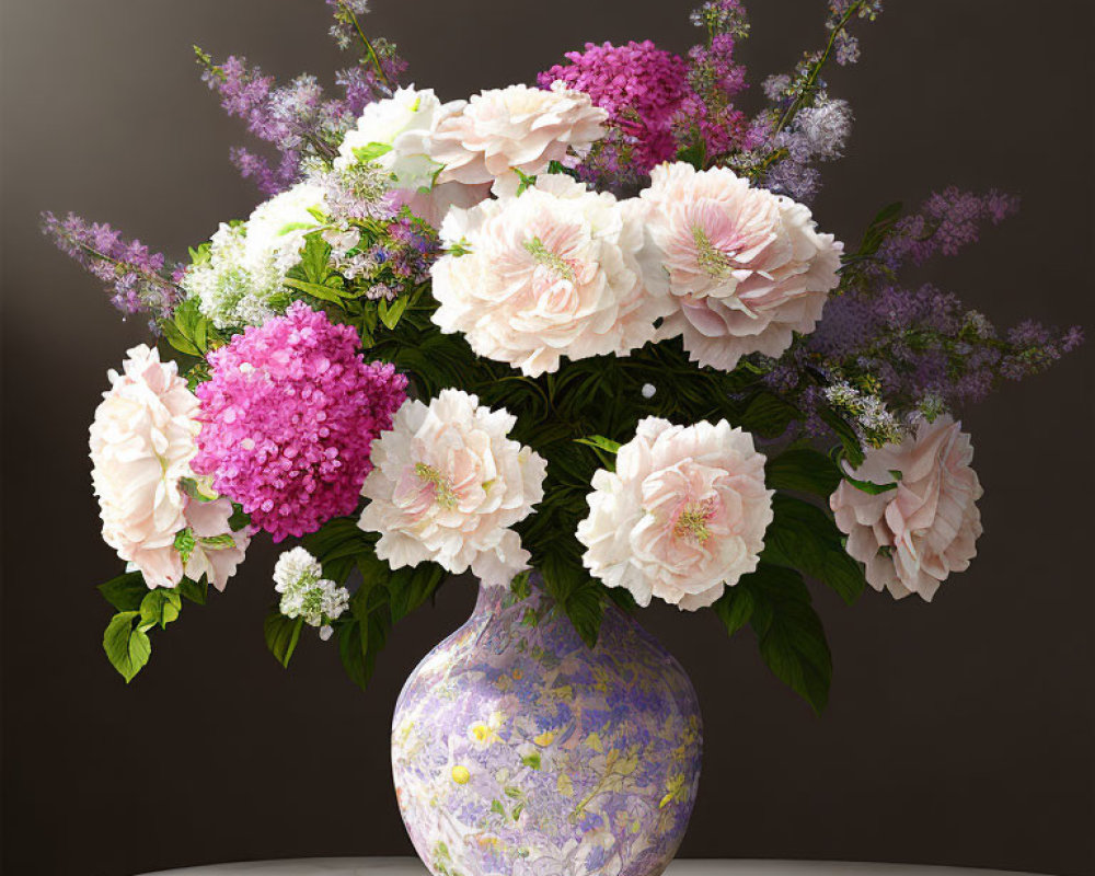 Pink and White Peony and Hydrangea Bouquet in Ornate Vase on Marble Table