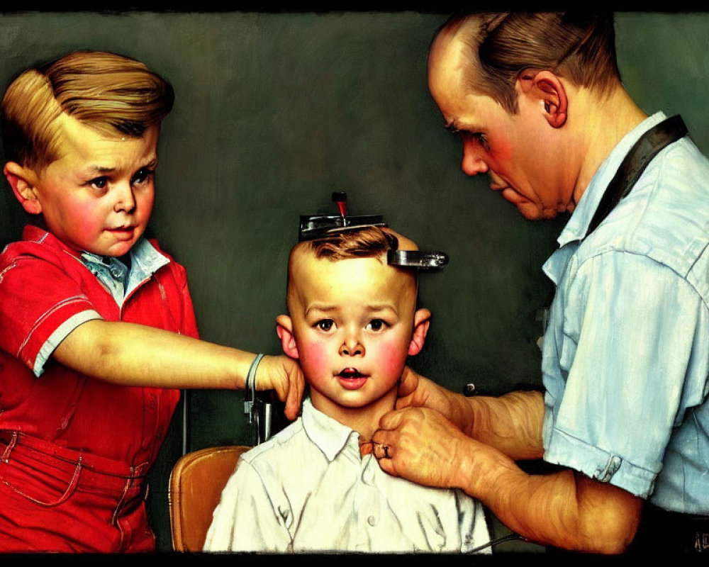 Vintage barber scene with barber cutting boy's hair and another boy waiting.