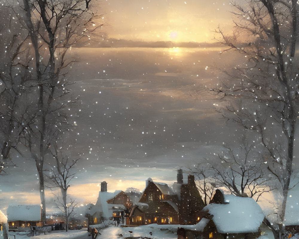 Snow-covered cottages, frozen lake, falling snowflakes: Tranquil winter dusk.