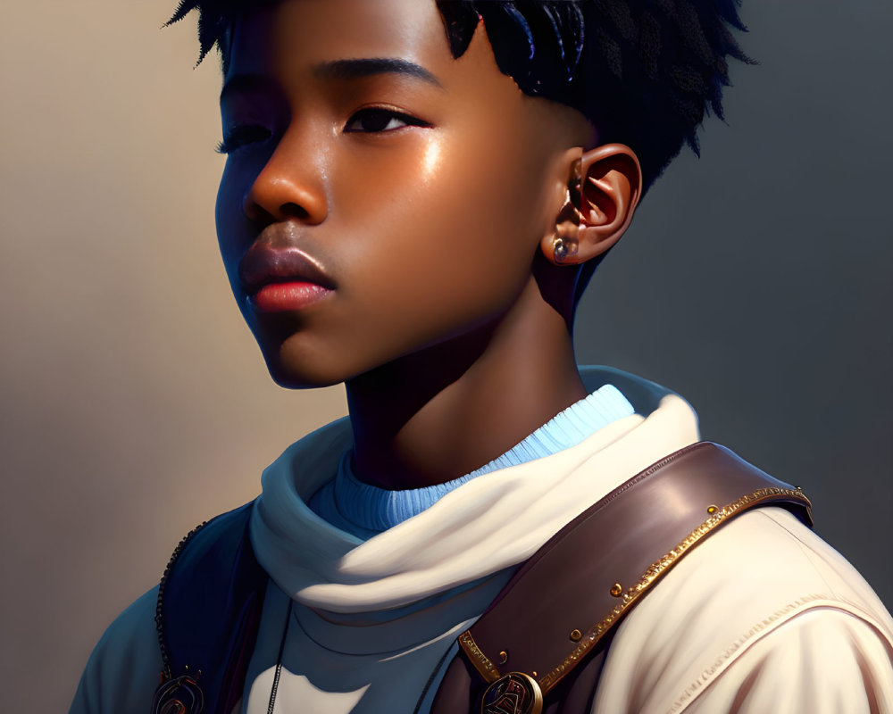 Digital artwork: Young person with stylized hair, high-collar jacket, and earring in contemplative