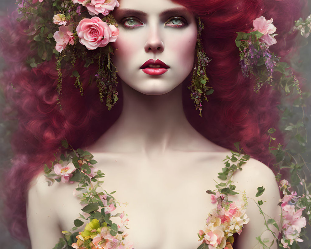 Vivid red-haired woman surrounded by lush flowers and roses.