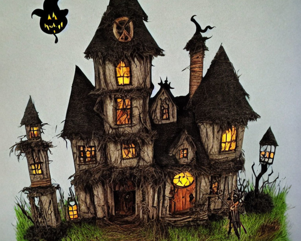 Whimsical haunted house with glowing windows and witch symbol