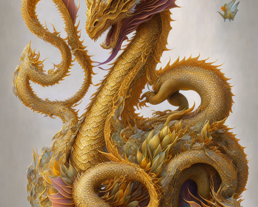 Detailed golden dragon illustration with ornate scales and horns, coiled elegantly with butterfly.