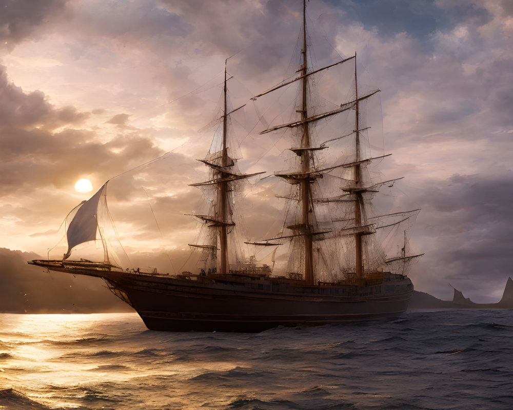 Tall ship sailing at sunset with unfurled sails and dramatic sky