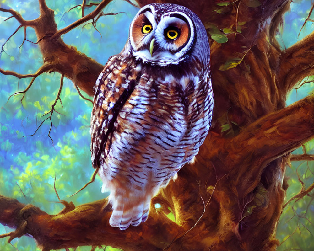 Brown and White Owl with Yellow Eyes Perched in Colorful Forest