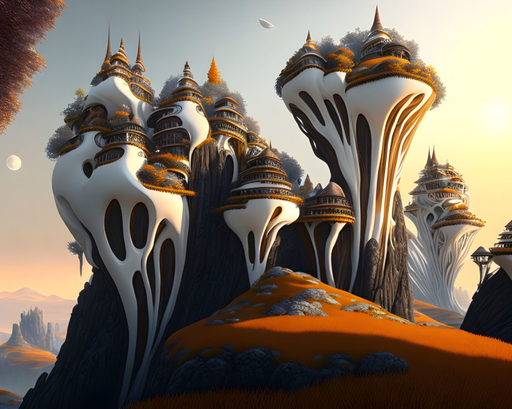 Fantasy landscape with towering mushroom-like structures and intricate buildings in autumn setting