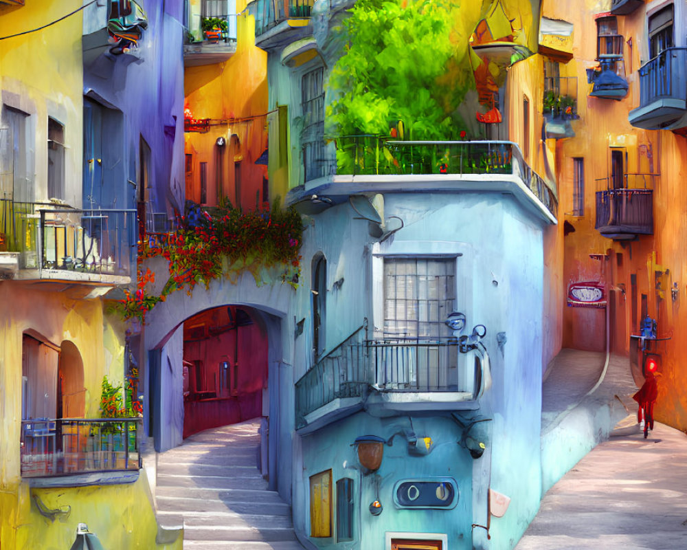 Vibrant Mediterranean scene: Colorful buildings with balconies and greenery under sunny sky