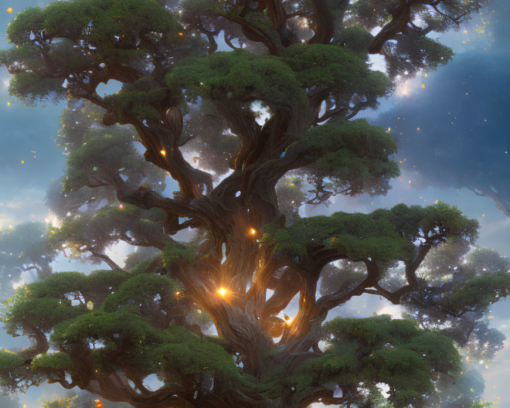 Majestic illuminated tree in ethereal landscape with distant planet visible