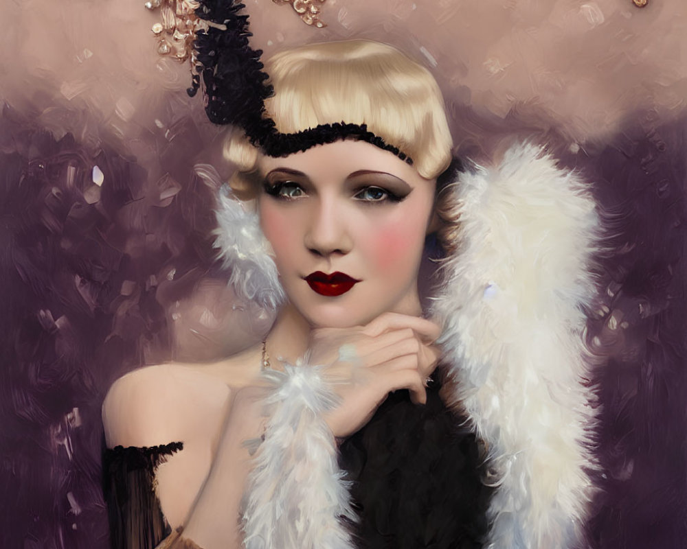 Portrait of Woman in 1920s Flapper Style with Headband and Feather Boa