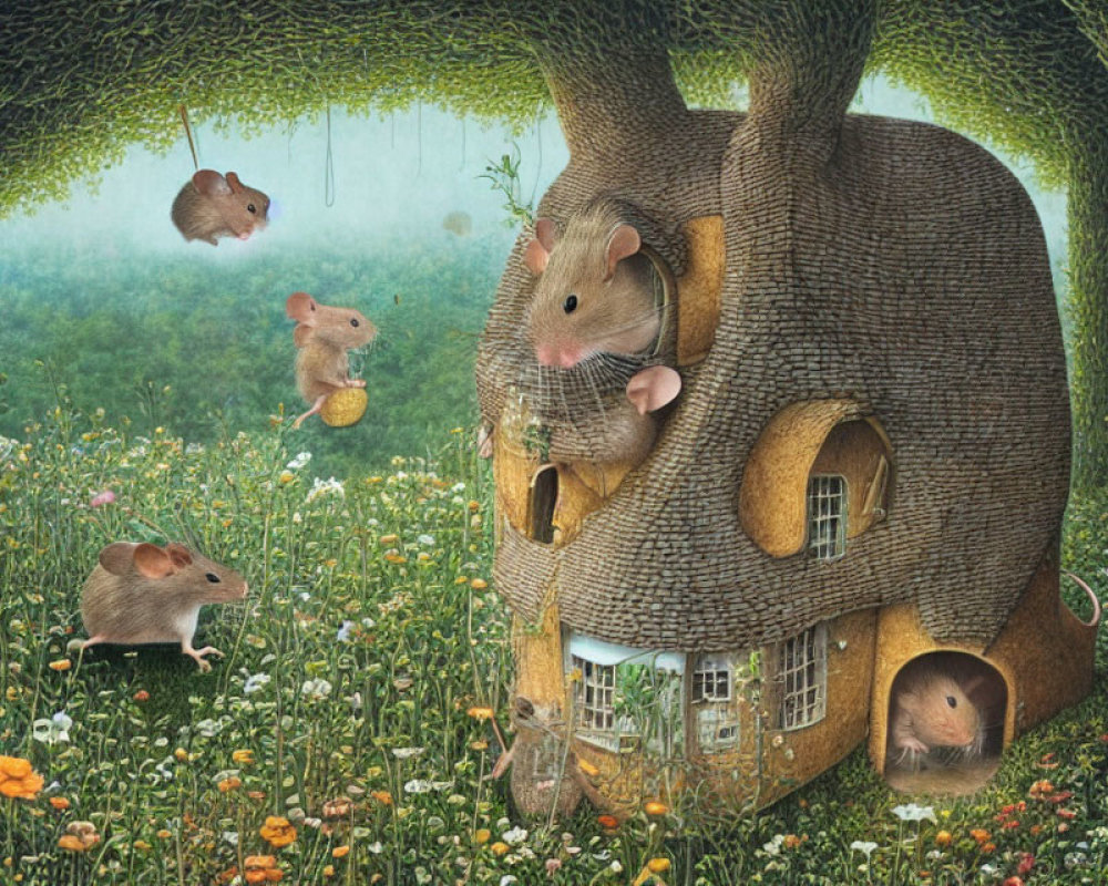 Whimsical mouse-shaped treehouse in lush garden with mice activities