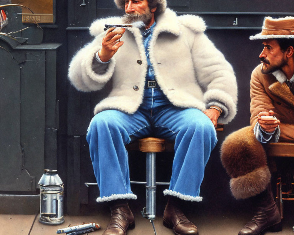 Two men in white fur coats and blue pants lighting a cigar outdoors.