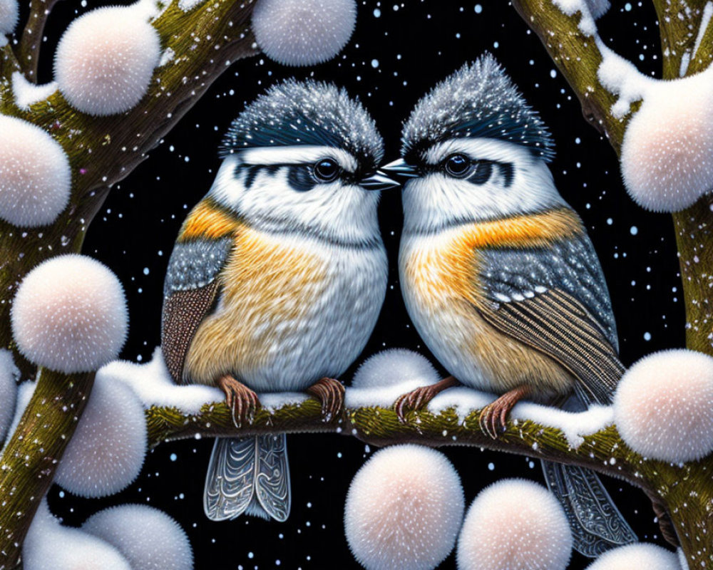 Cartoon birds with intricate feathers on snowy branch in falling snowflakes