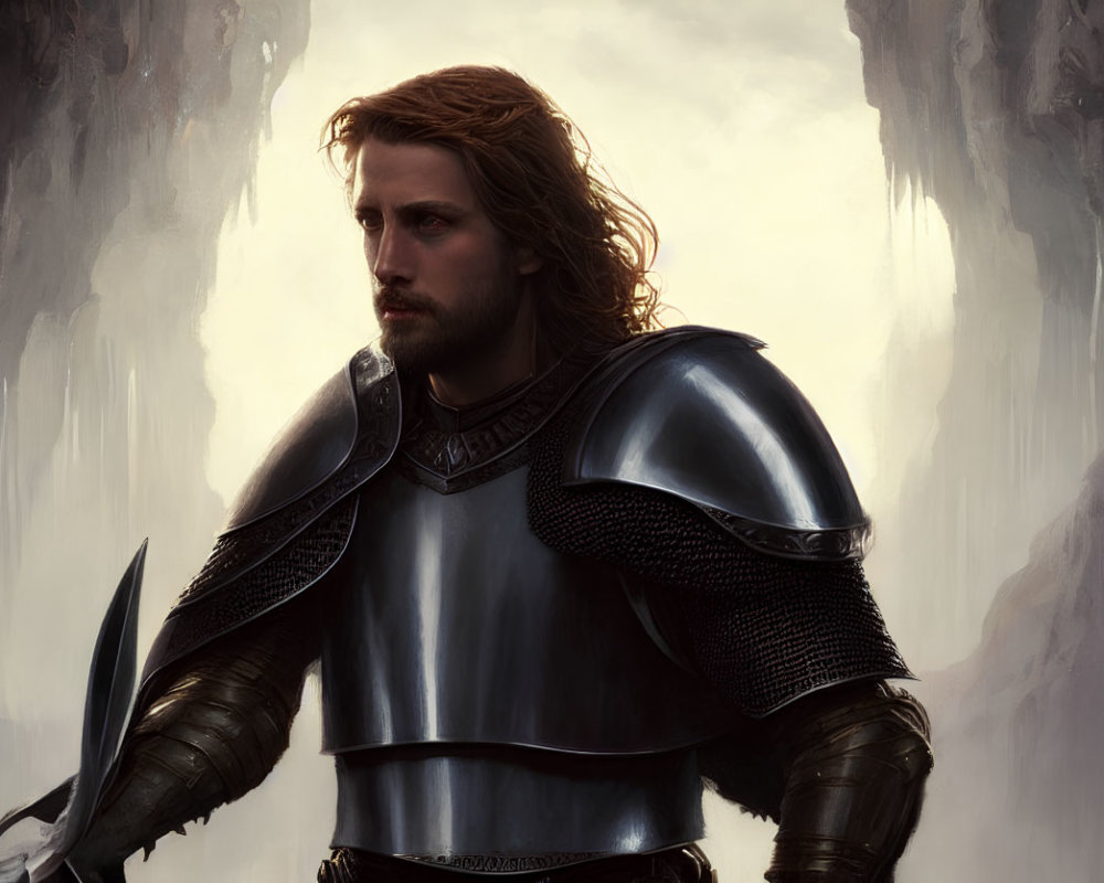 Knight in polished armor with long hair holding sword in misty cavernous backdrop