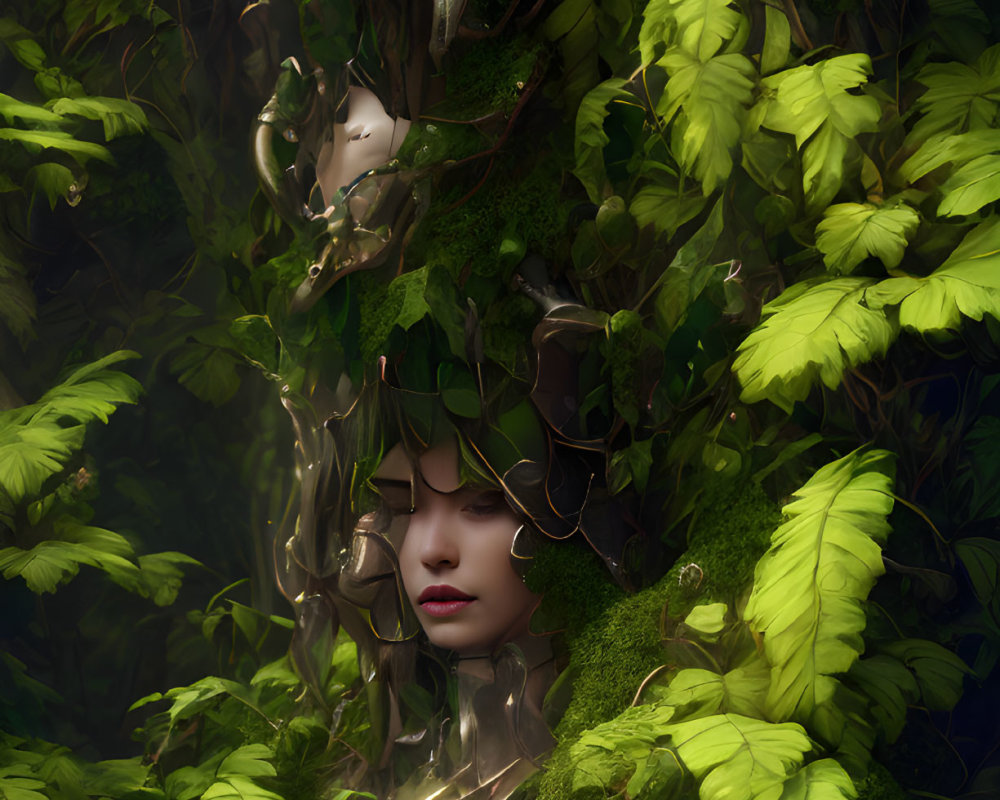 Woman's face in lush foliage symbolizes mystical bond with nature