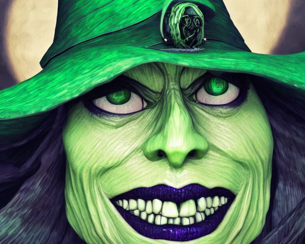 Detailed close-up illustration of a green-faced witch with pointed hat and piercing eyes