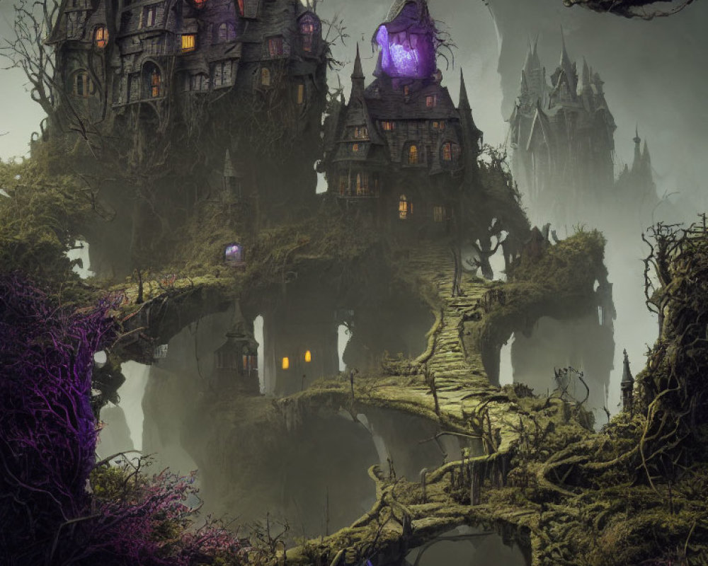 Eerie Gothic-style buildings on rugged cliffs in gloomy fantasy landscape