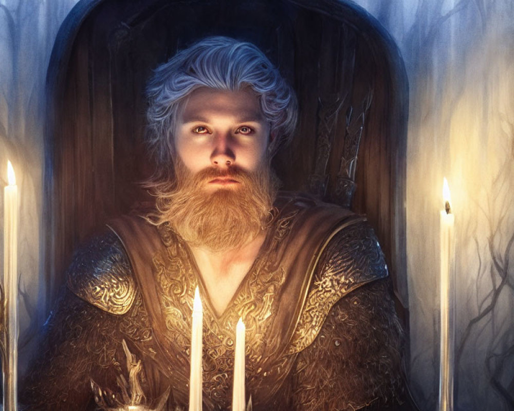 Medieval armored man with beard holding candle in mystical setting