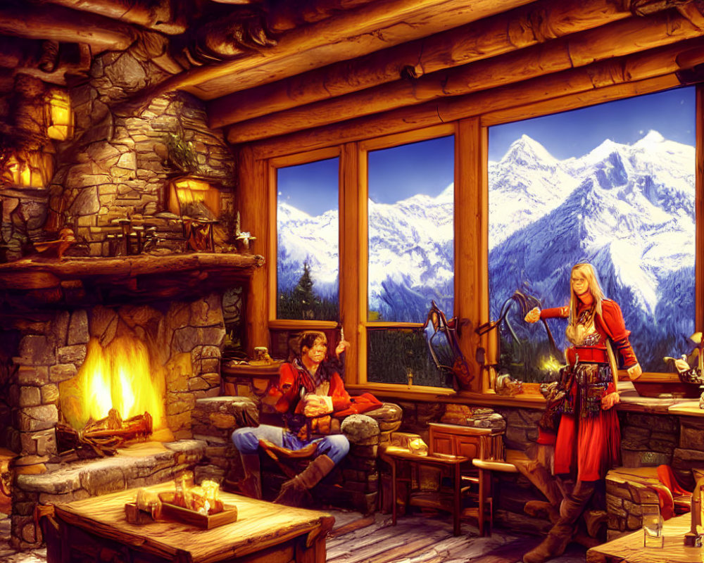 Rustic cabin interior with fireplace, snowy mountain view, and warm lighting