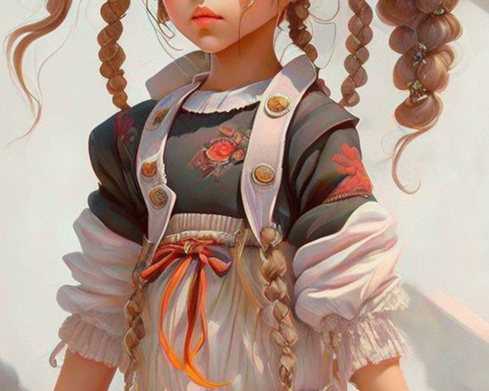 Digital artwork featuring young girl with expressive eyes, styled pigtails, floral dress.