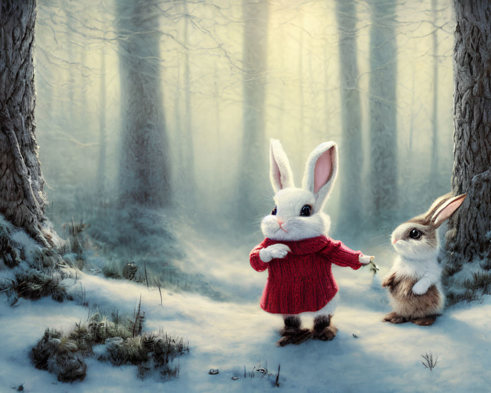 Anthropomorphic rabbits in red sweater in snowy forest with fog