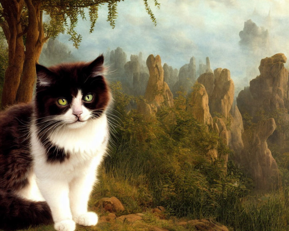 Black and White Cat in Fantastical Landscape with Rocky Spires