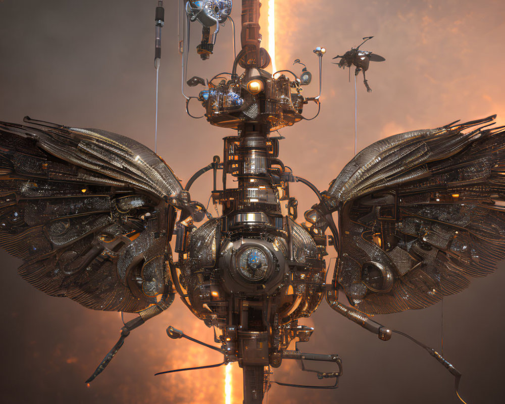 Steampunk-inspired machine with metallic wings in dramatic sky