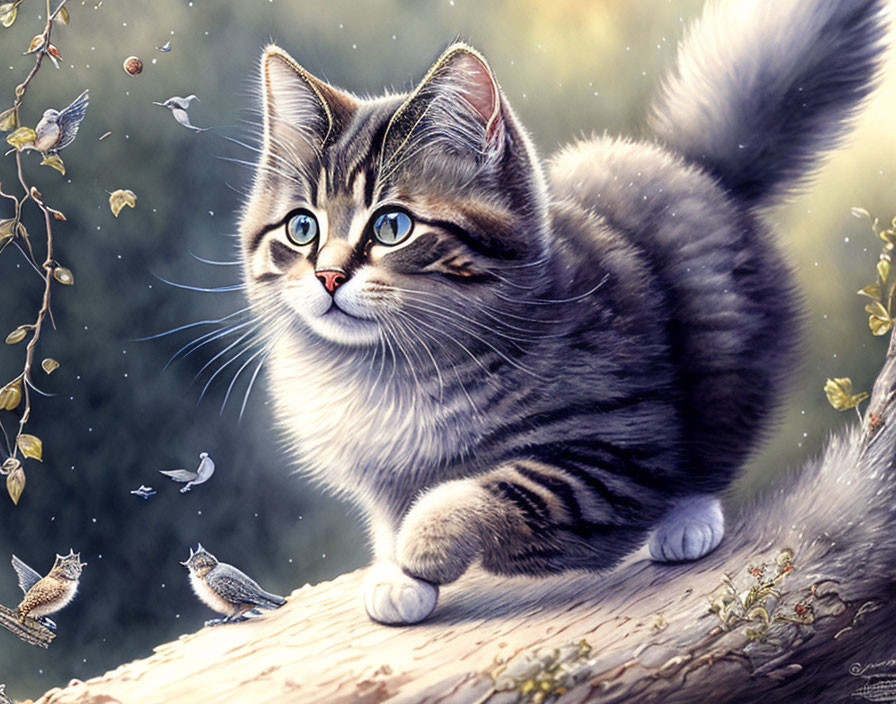 Fluffy tabby kitten with blue eyes in magical woodland scene