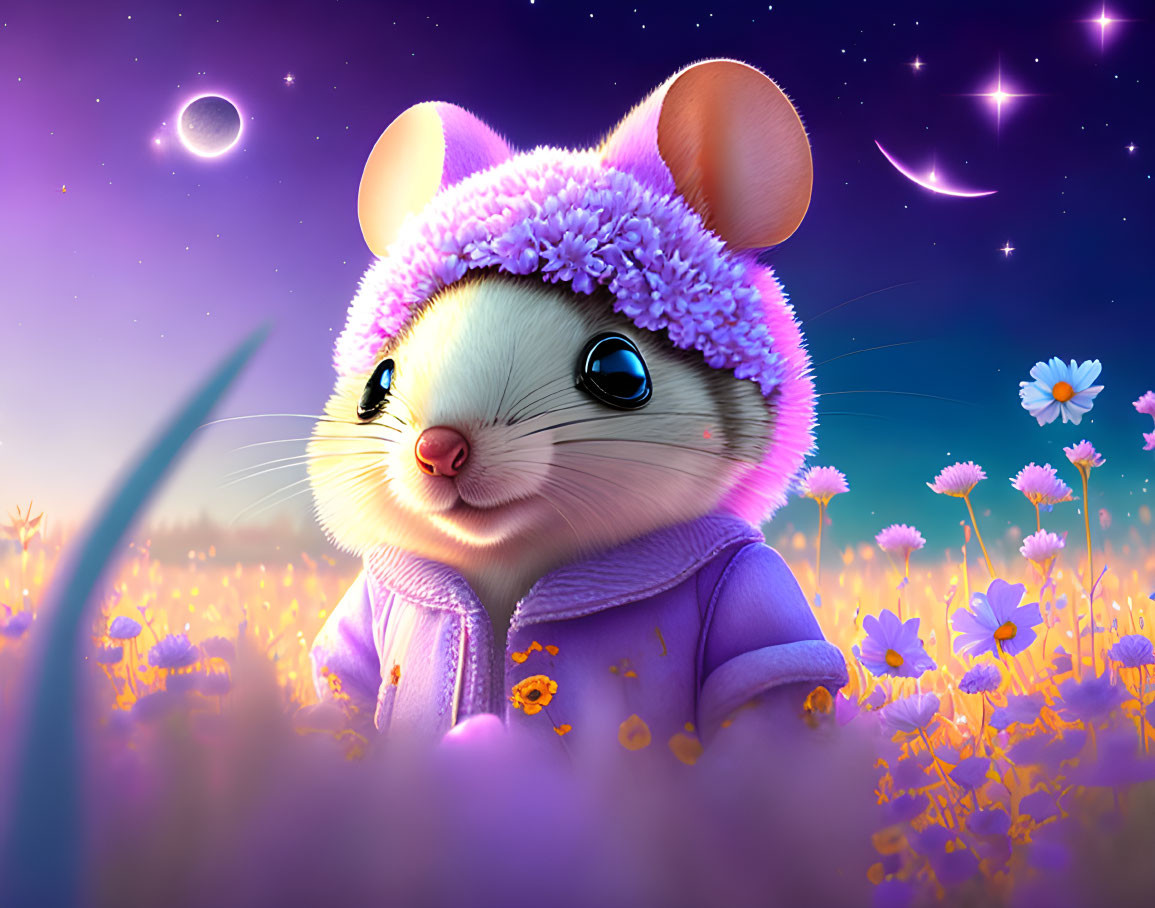 Animated mouse in purple suit and hat in flower field at twilight