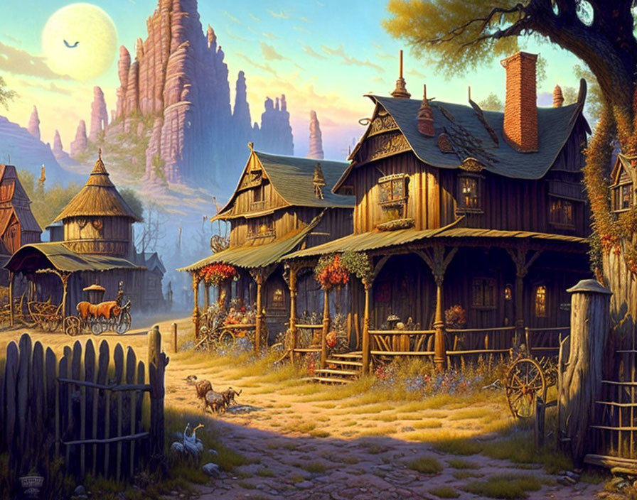 Detailed Fantasy Village with Wooden Houses and Rock Formations at Twilight