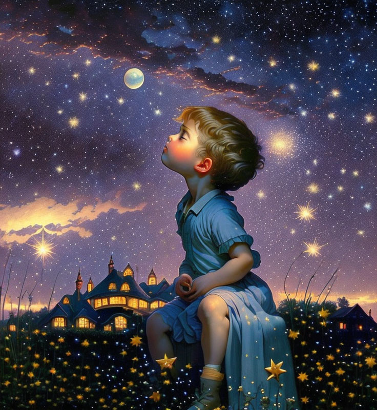 Child in blue outfit gazes at starry sky on grassy hill with crescent moon, illuminated