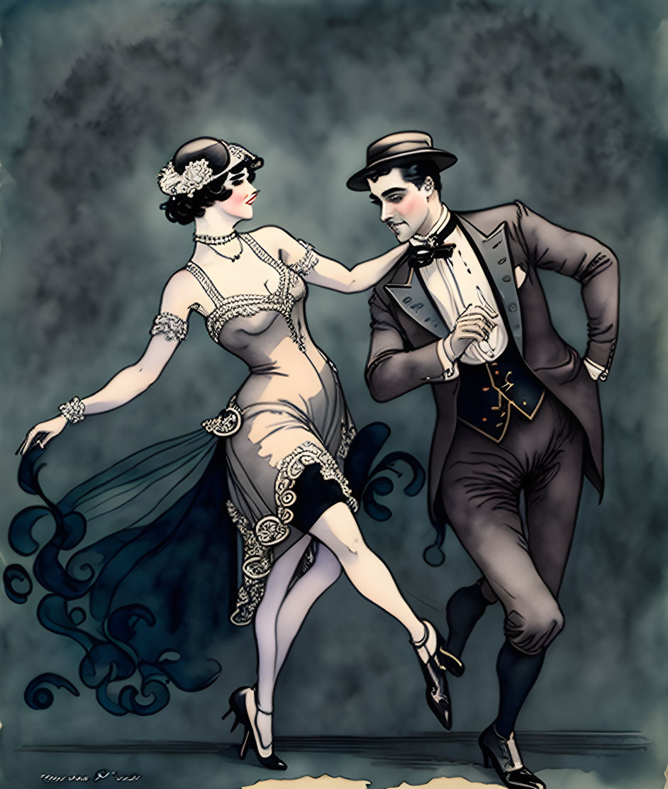 Illustration of roaring twenties couple dancing in period attire