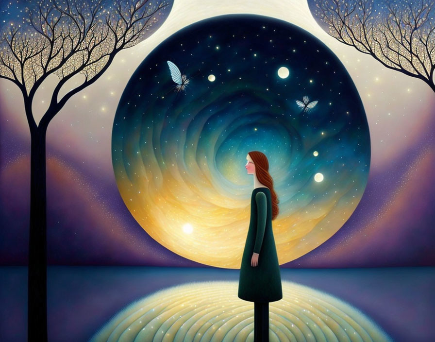 Woman between bare trees gazes at cosmic vortex with stars as butterfly approaches in surreal landscape