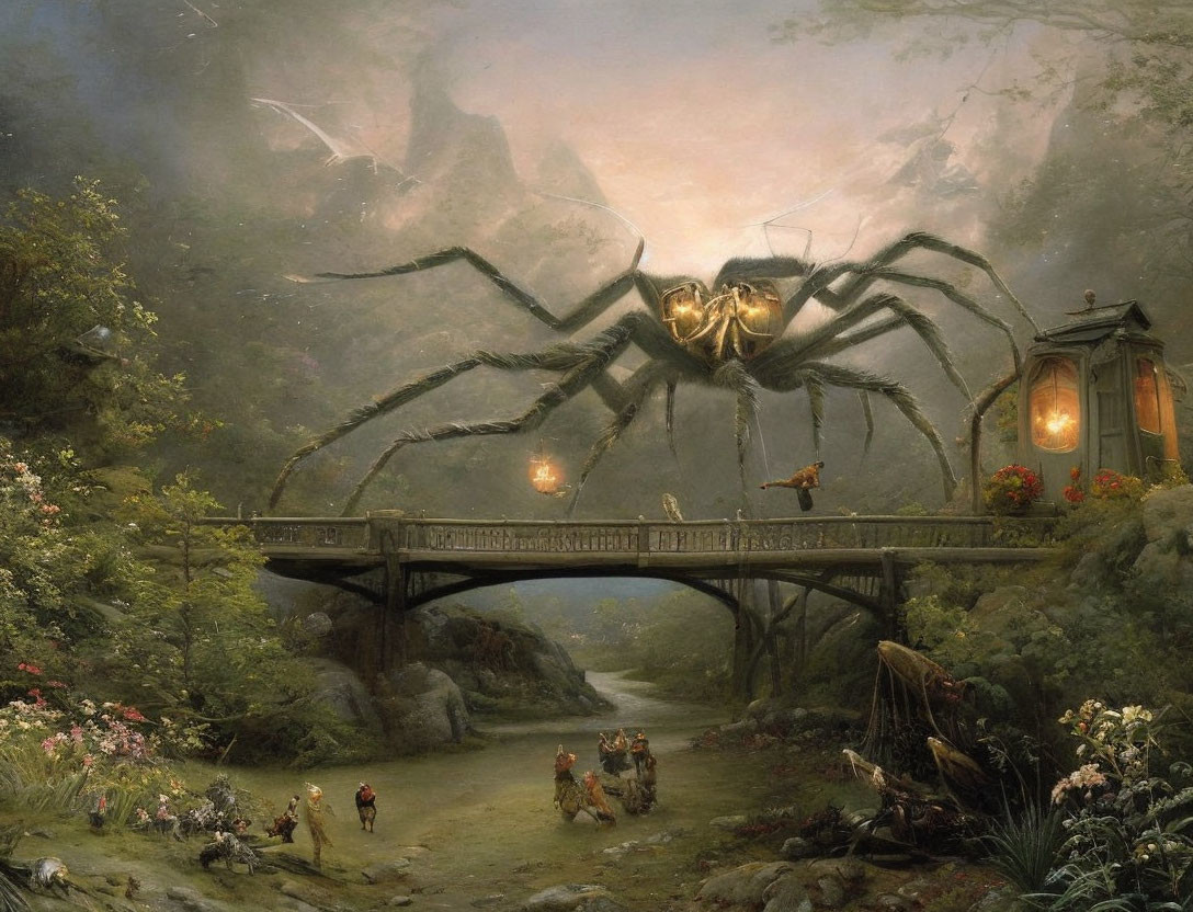 Giant spider over bridge in enchanted forest - fantasy painting