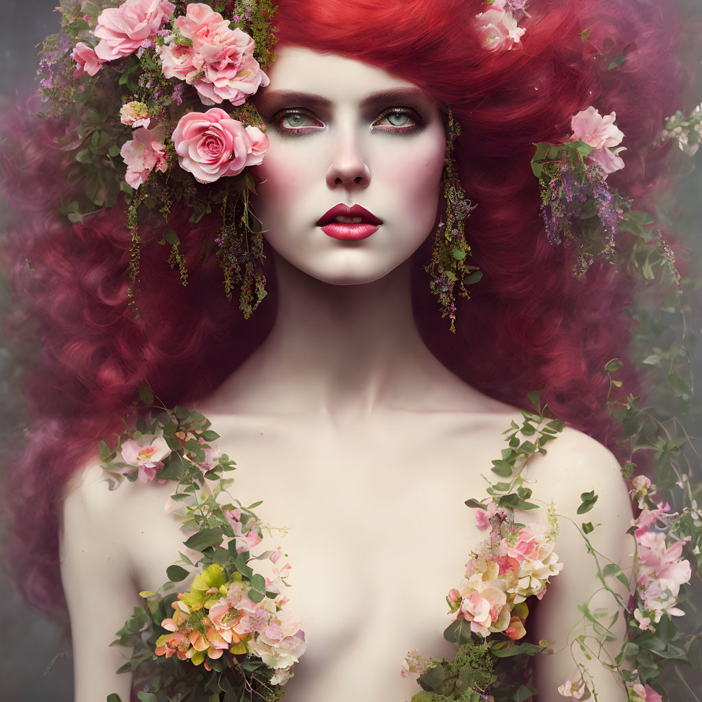 Vivid red-haired woman surrounded by lush flowers and roses.