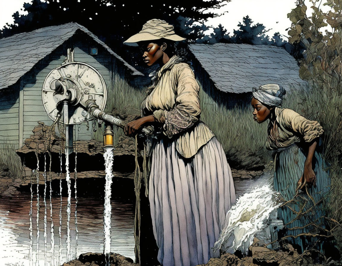 Women in historical clothing operating well pump near wooden cabin