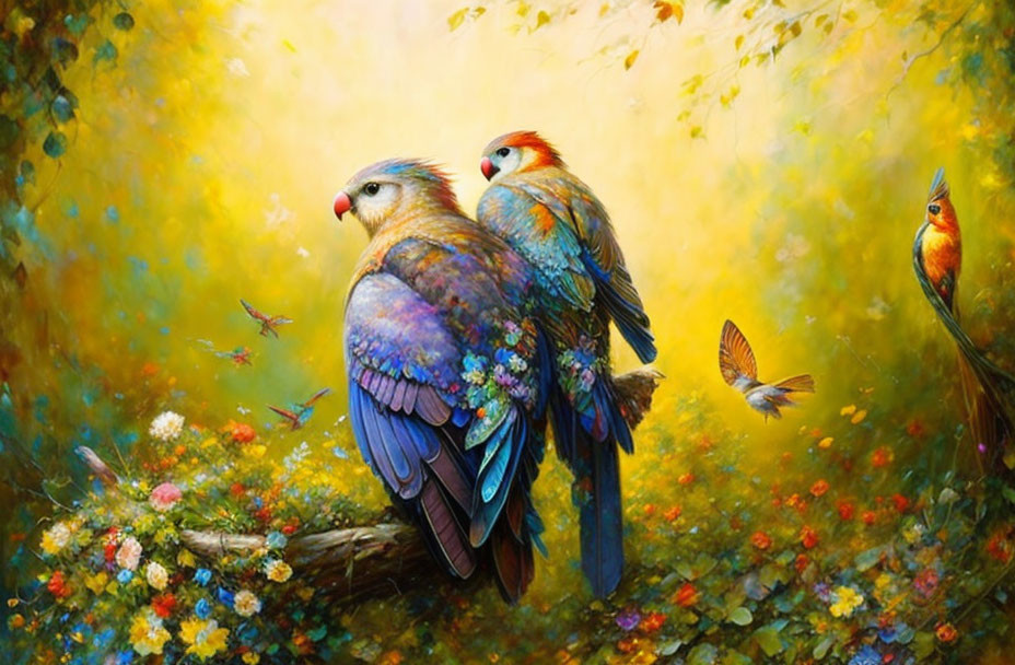 Colorful parrots perched in vibrant floral setting