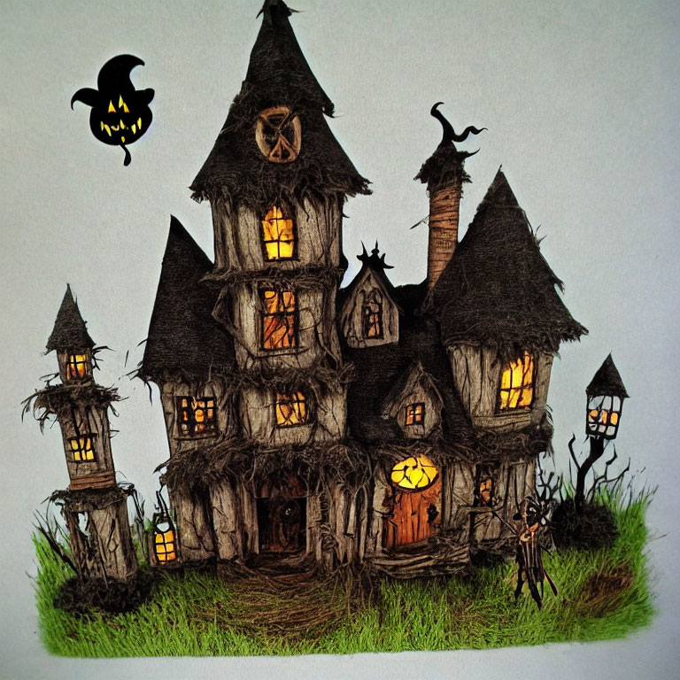 Whimsical haunted house with glowing windows and witch symbol