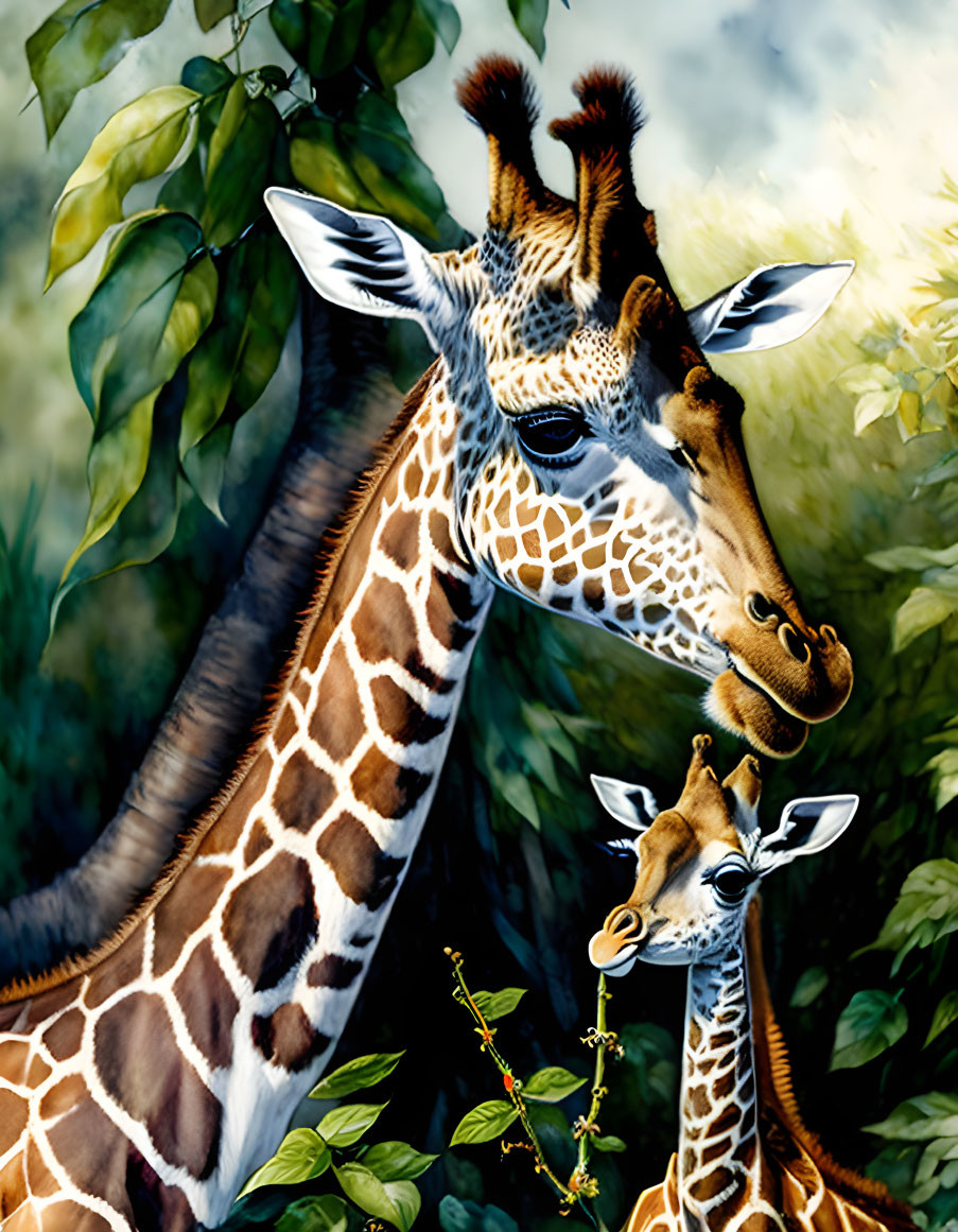 Adult giraffe and calf in lush foliage scene