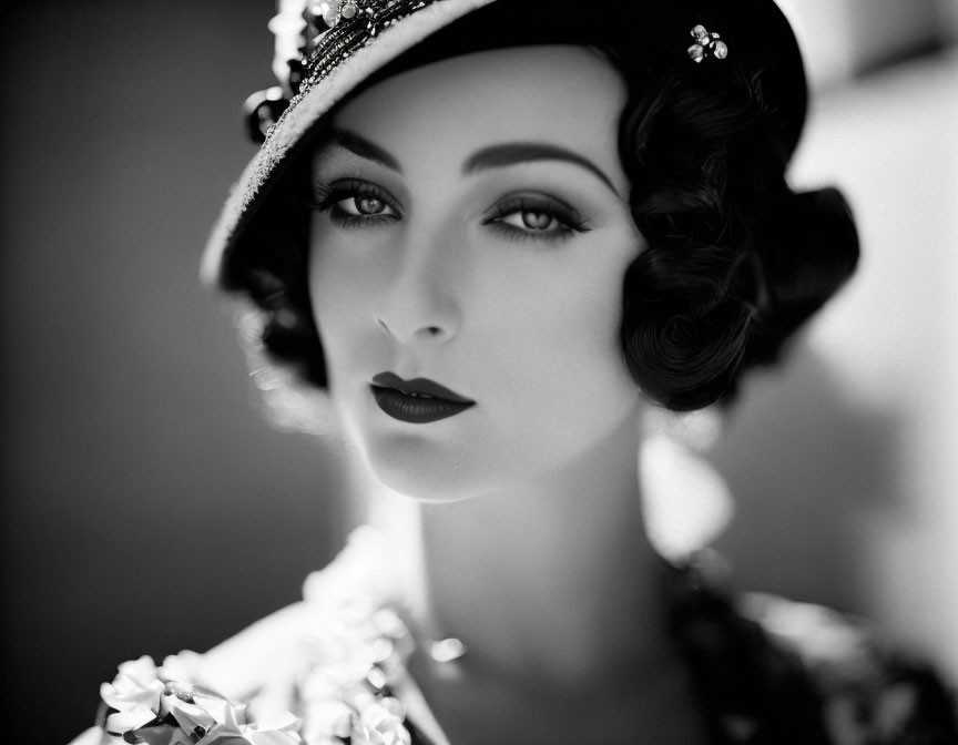 Vintage-style black and white portrait of a woman with styled hair, hat, and flowers