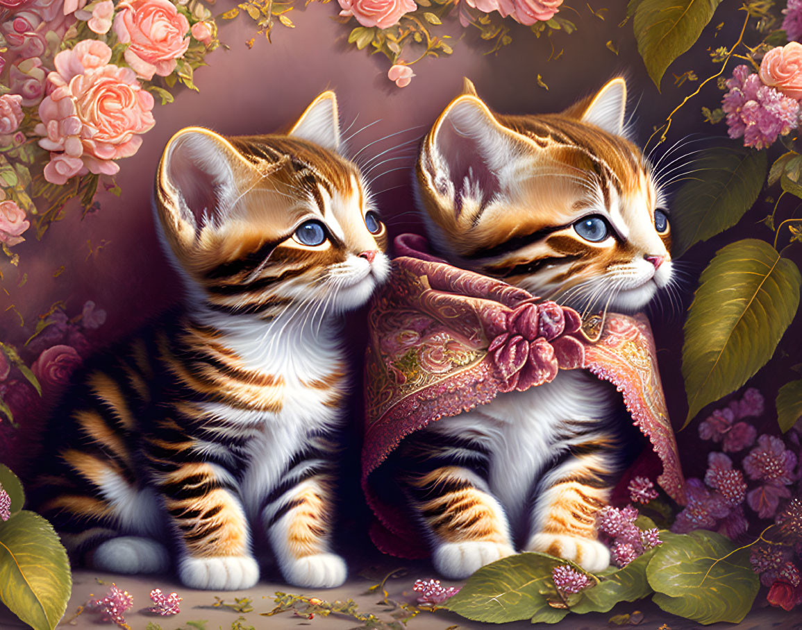 Adorable striped kittens on pink and gold fabric with roses