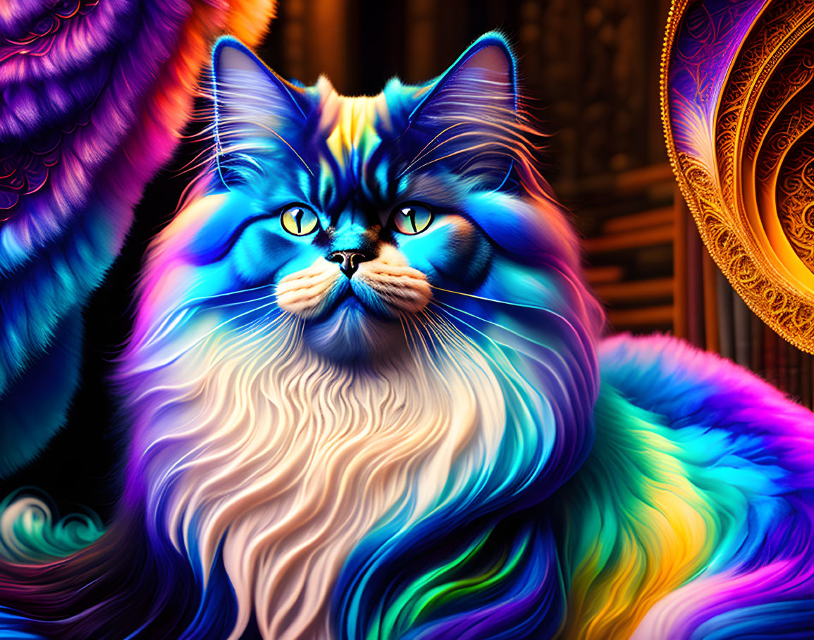 Colorful digital artwork: Multicolored cat with blue eyes