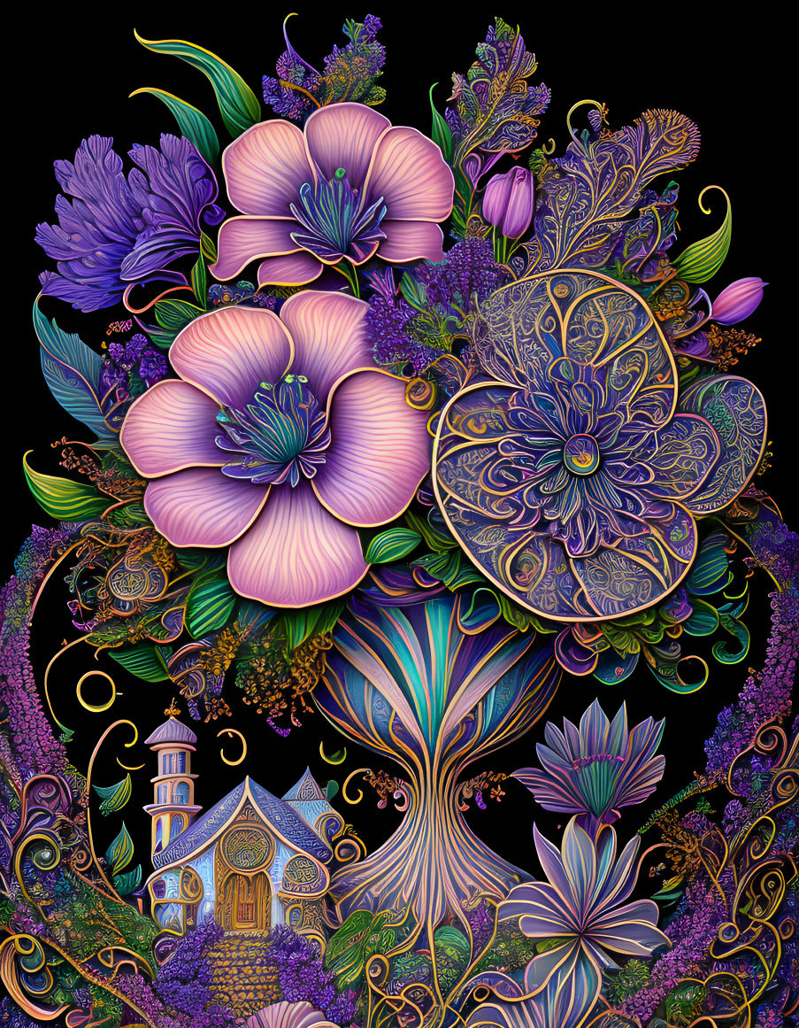 Colorful digital artwork: Purple and pink flowers with golden patterns, whimsical tree, fairytale