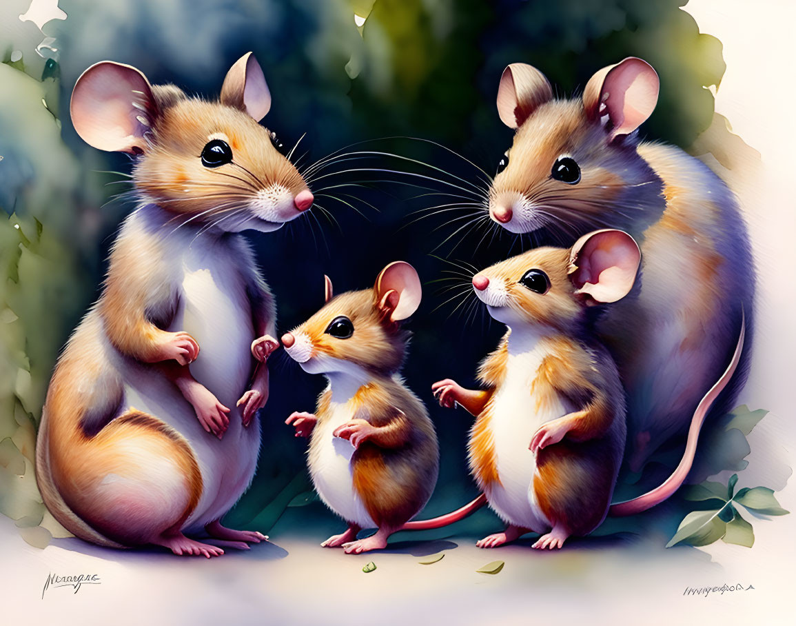 Realistic fur details on four mice in natural poses with soft-focused greenery.