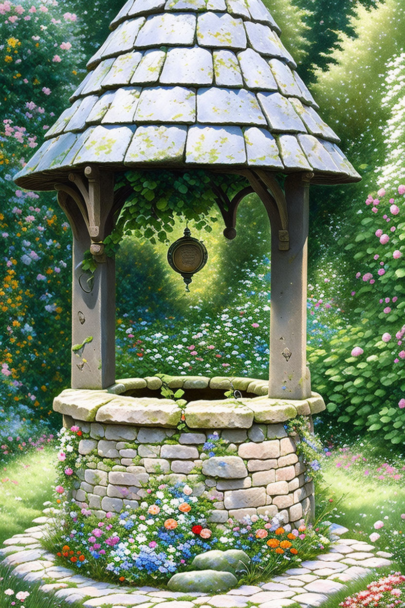 Charming illustration of old stone well in flower garden