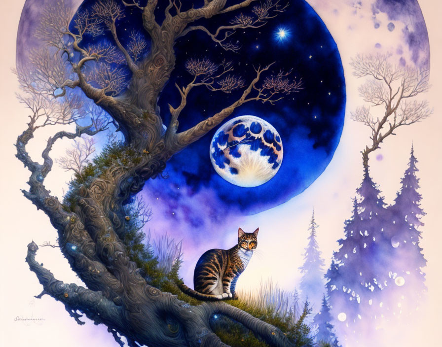 Whimsical cat under tree with blue moon and stars